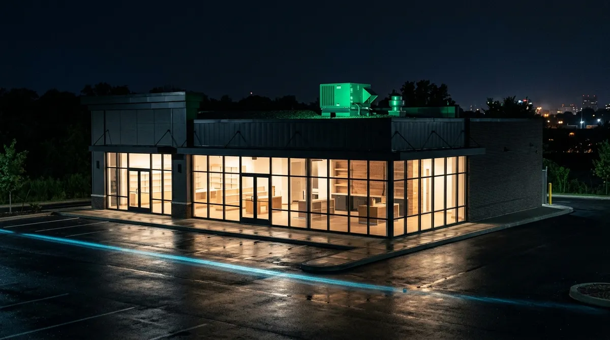 Commercial building lit up at night