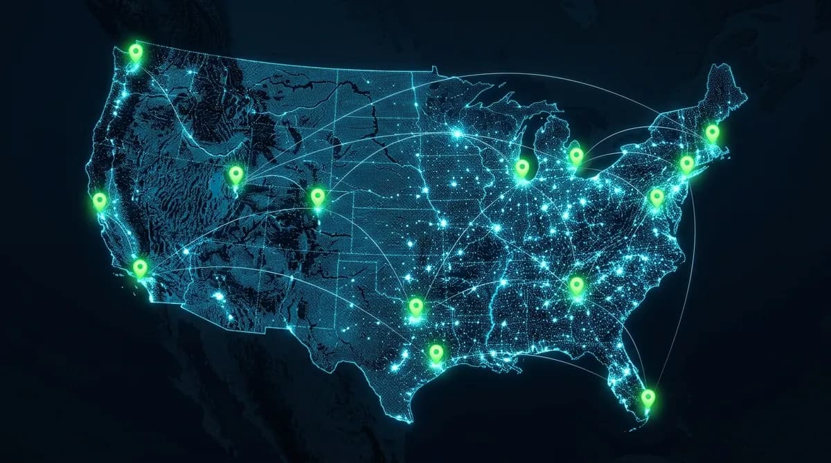 Map of the United States with glowing metro markers
