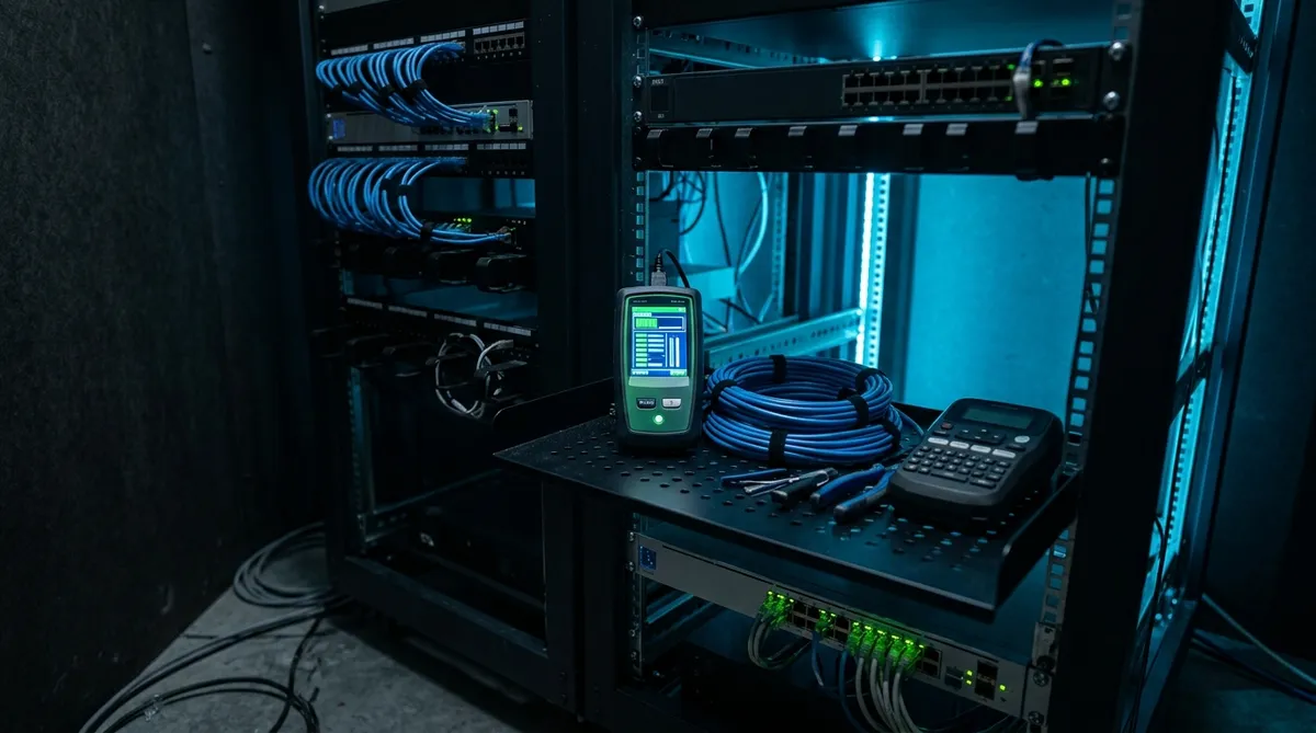 Cable tester and tools on a shelf inside an open server rack