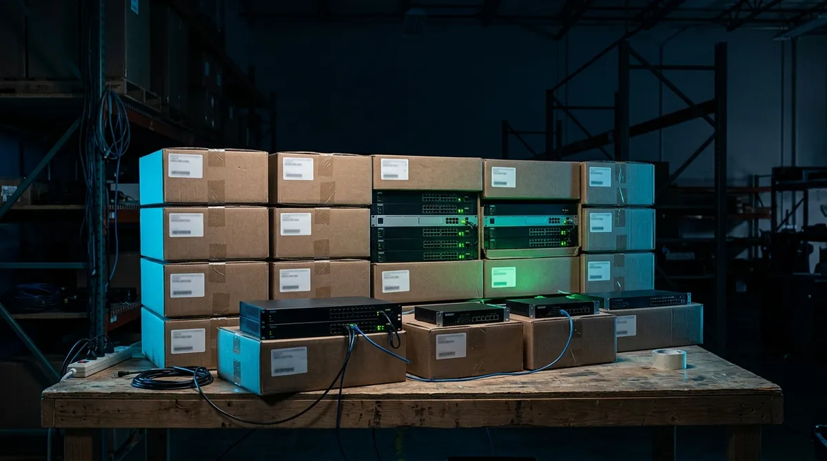 Network switches staged in labeled boxes for multi-site deployment