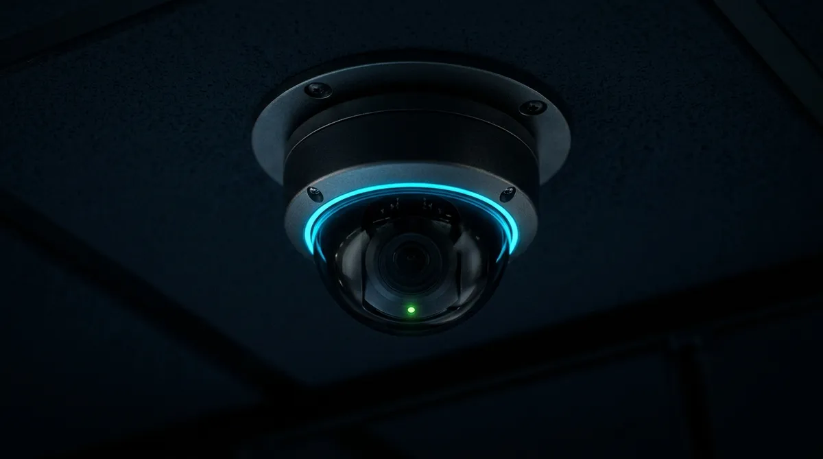 Dome security camera mounted on a dark ceiling