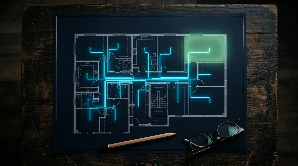 Floor plan with cable pathway routes marked across it