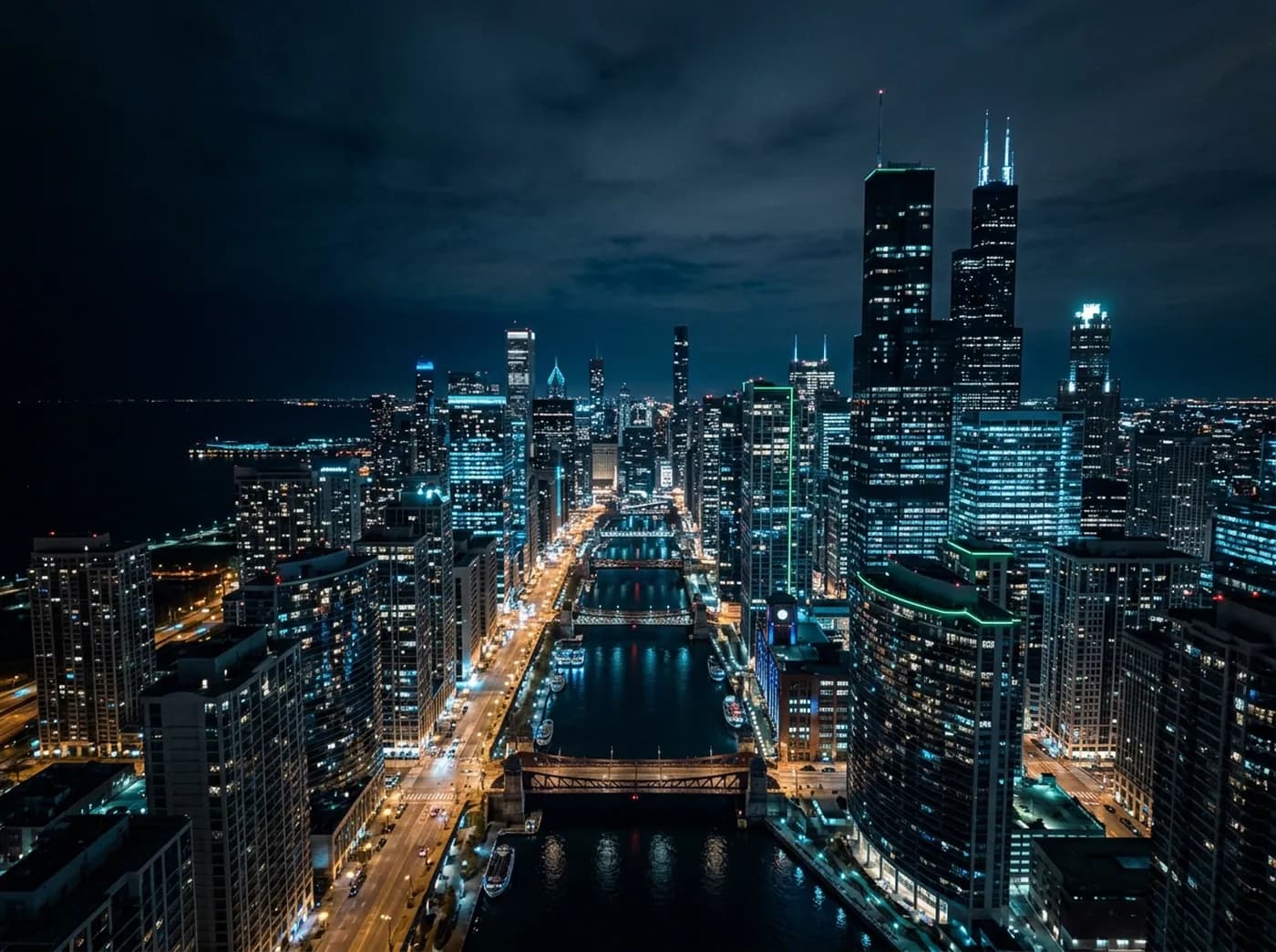 Chicago skyline at night along the river