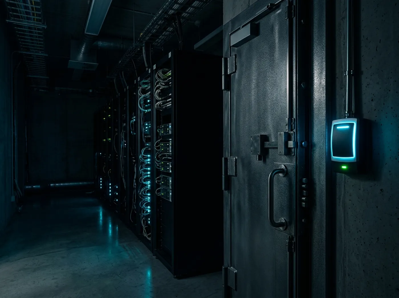 Badge reader beside a secure equipment room door