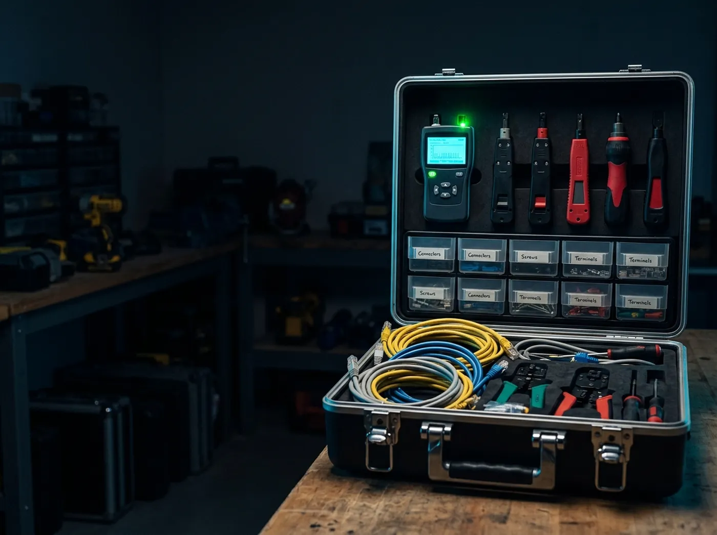 Open field-service tool case with cable tester and parts bins
