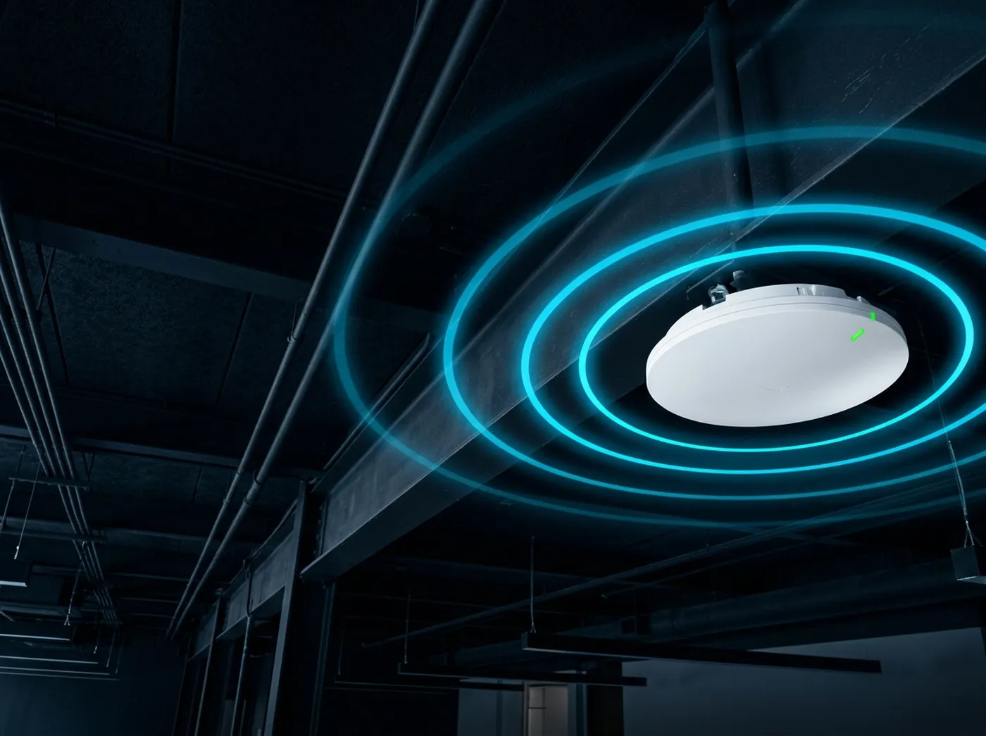 Wireless access point radiating signal rings on a dark ceiling